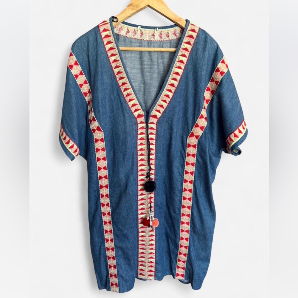 Zara Embroidered Boho Tunic Denim Dress Beach Cover- Large